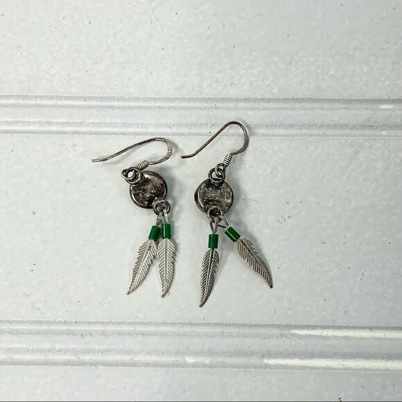 Vintage Native American Green Malachite Feather Dangle Earrings - Picture 3 of 4
